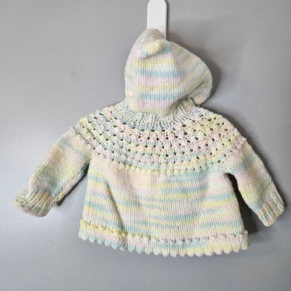Handmade Pastel Striped Chunky Knit Hooded Baby Toddler Cardigan Sweater